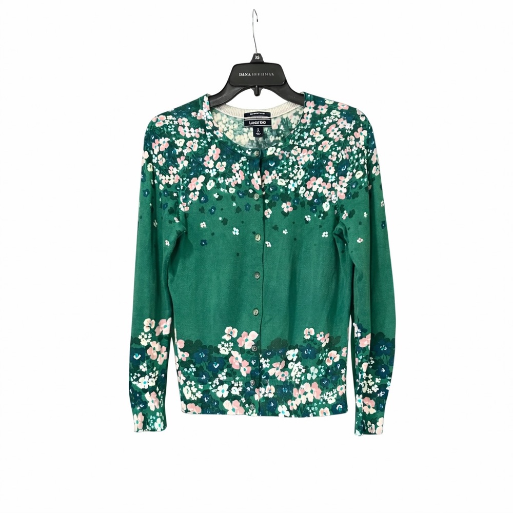 Lands' End Women's Small S Cardigan Bright Pine Floral Crew‎ Neck Button Green